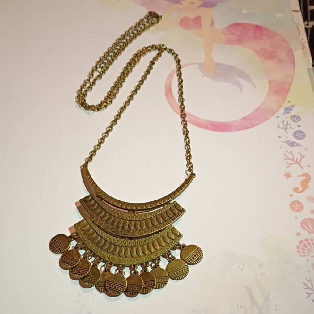 Boho Antique Gold Coin Style Statement Necklace 28 Inches Long Adjustable